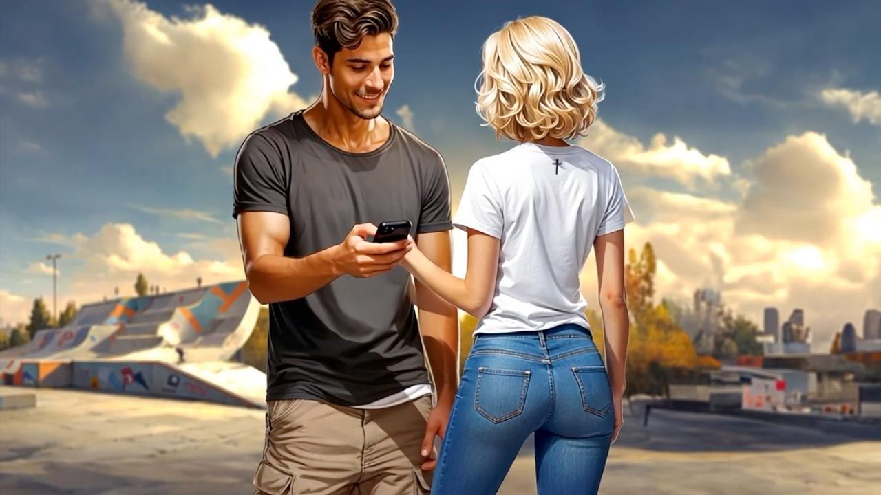 Man showing woman his phone at a skatepark. He is smiling, she is facing away, wearing jeans.