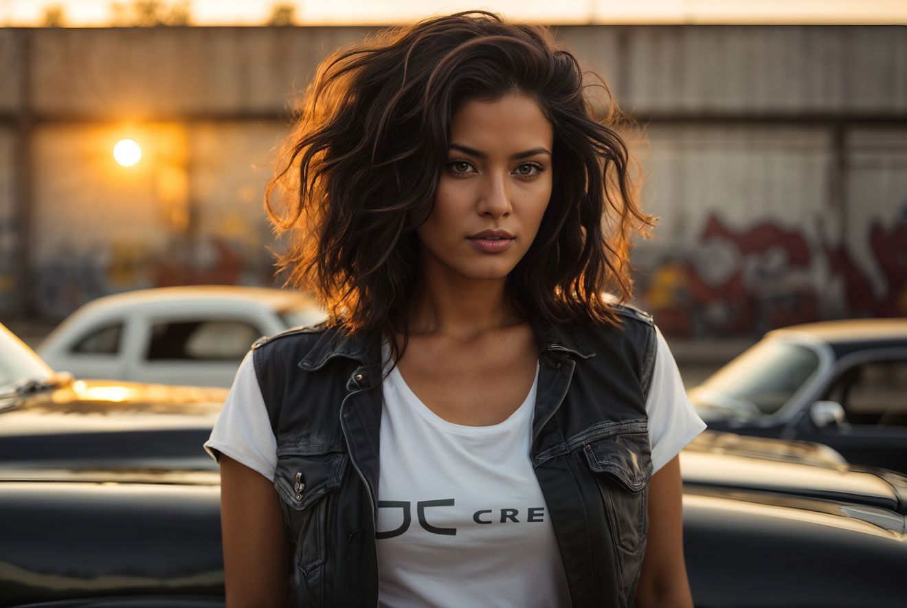 Woman with curly dark hair, wearing vest and t-shirt, in front of classic cars, with graffiti backdrop.