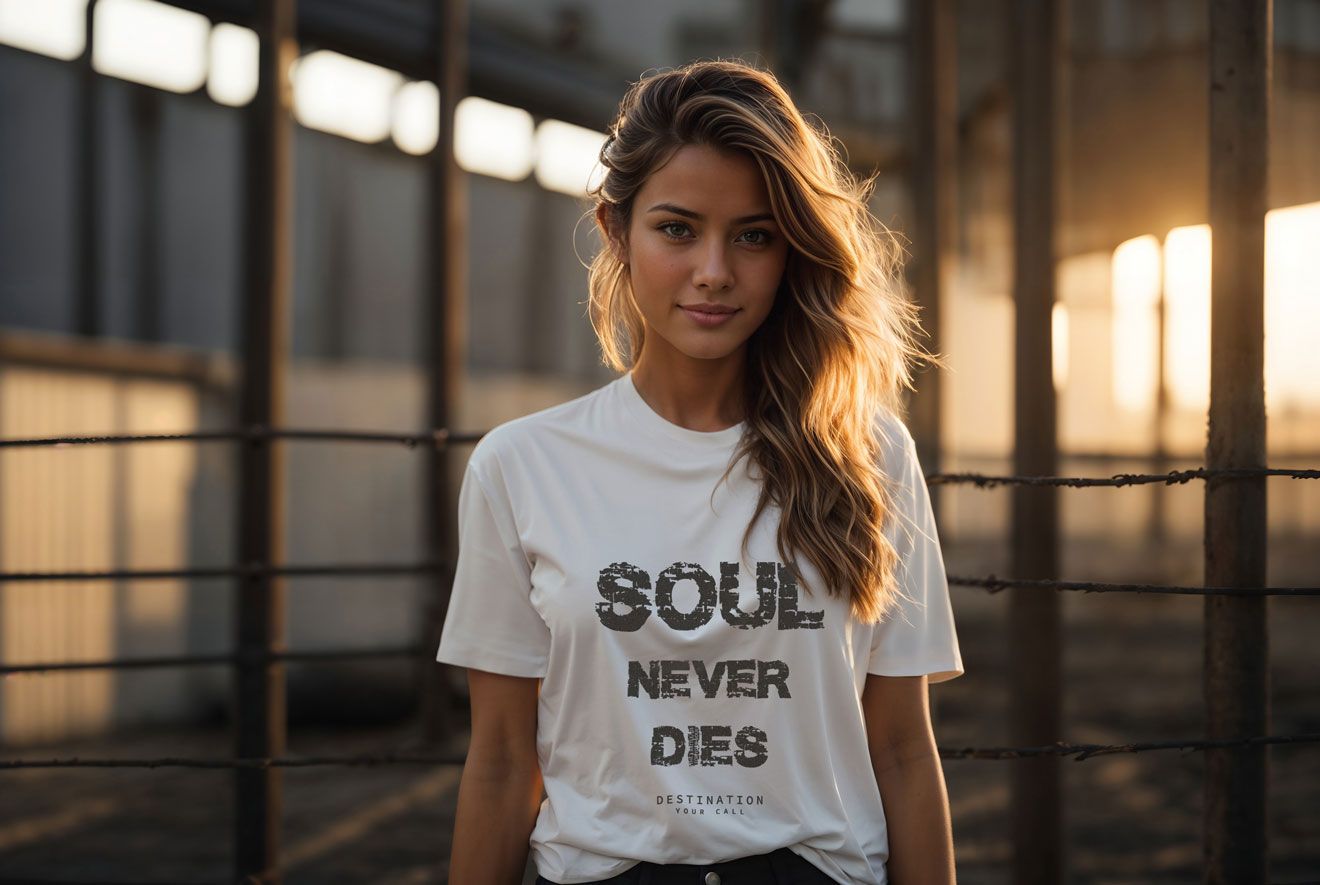 Woman wearing white t-shirt that says 