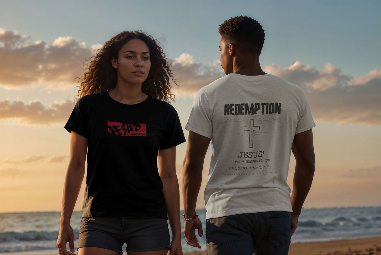 Two people on beach wearing t-shirts. Woman in black looks away, man in white shirt with 