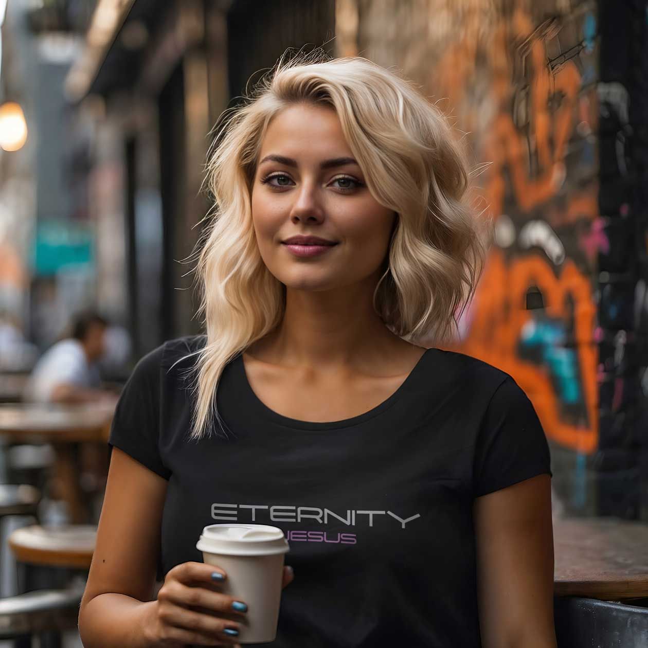 Woman with blonde hair in a black 