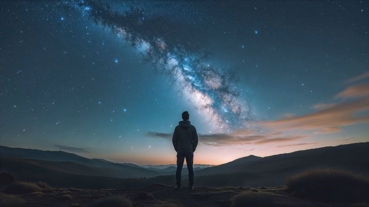 Man gazing at the Milky Way galaxy in a dark sky over rolling hills.