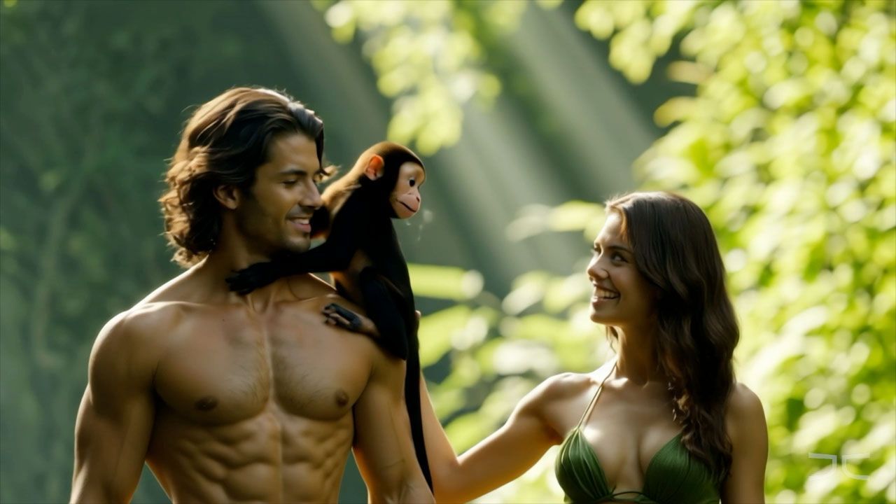 Man with muscular physique smiles at woman in lush forest; monkey on his shoulder.