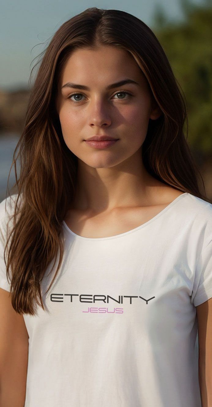 Young woman with long brown hair wearing a white t-shirt with 