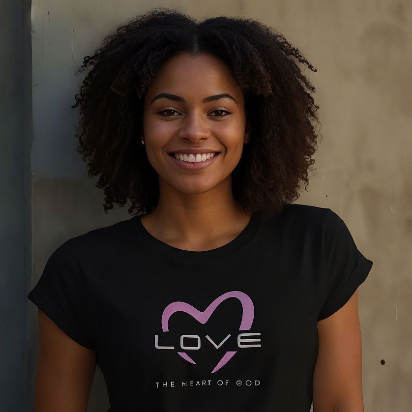 Woman in a black t-shirt with a pink heart and 
