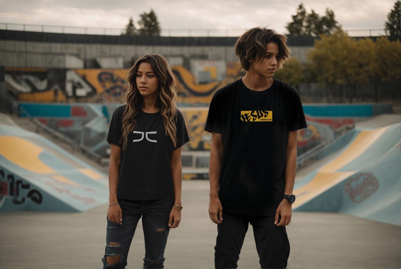 Two teens in black shirts stand in a skate park. The girl has long brown hair and ripped jeans. The boy has curly hair.