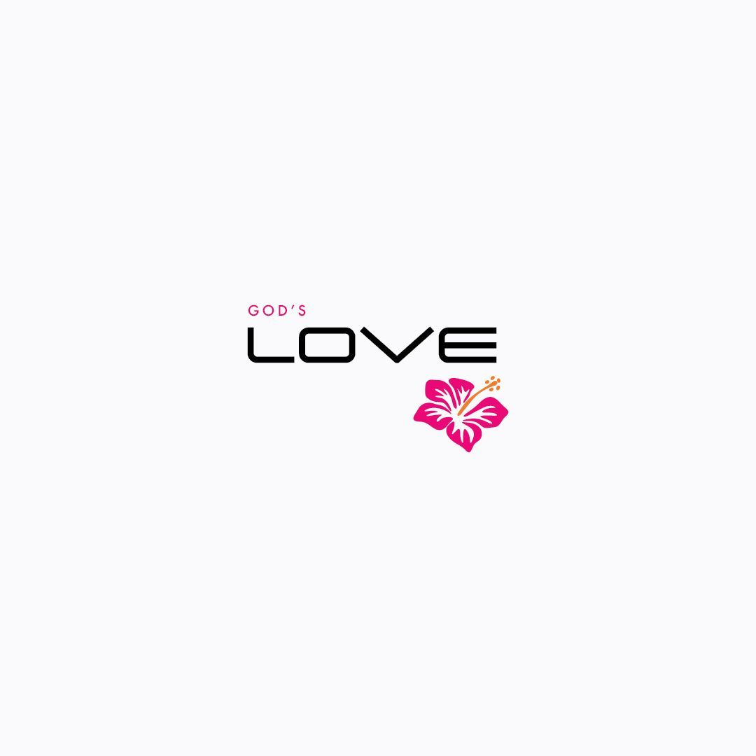 "GOD'S LOVE" text with a pink flower on a white background.