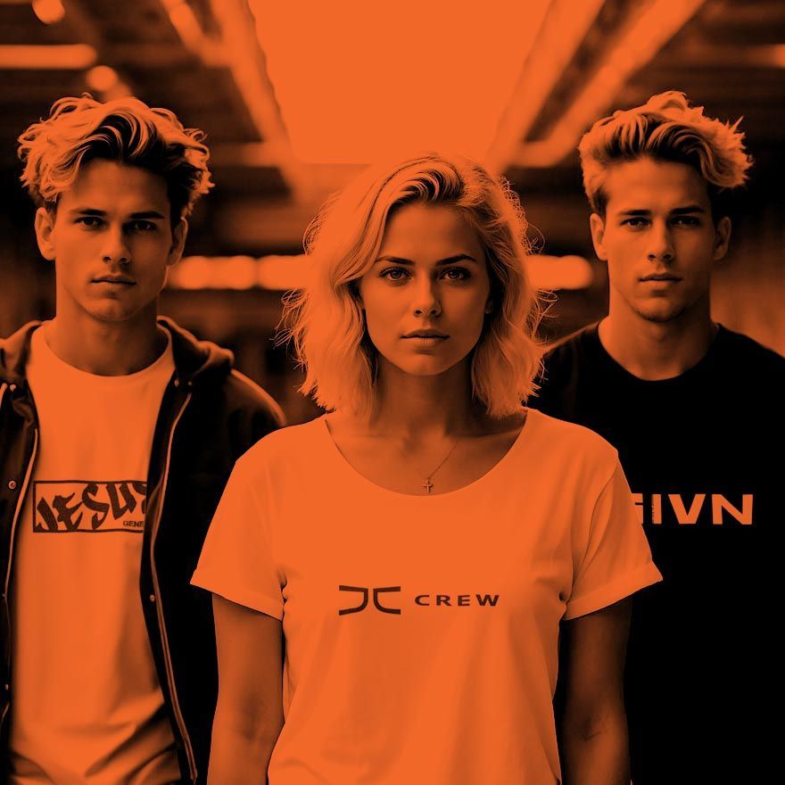 Three young people in an orange-toned photo. A woman in the center wears a “JC CREW” shirt and two men flank her.
