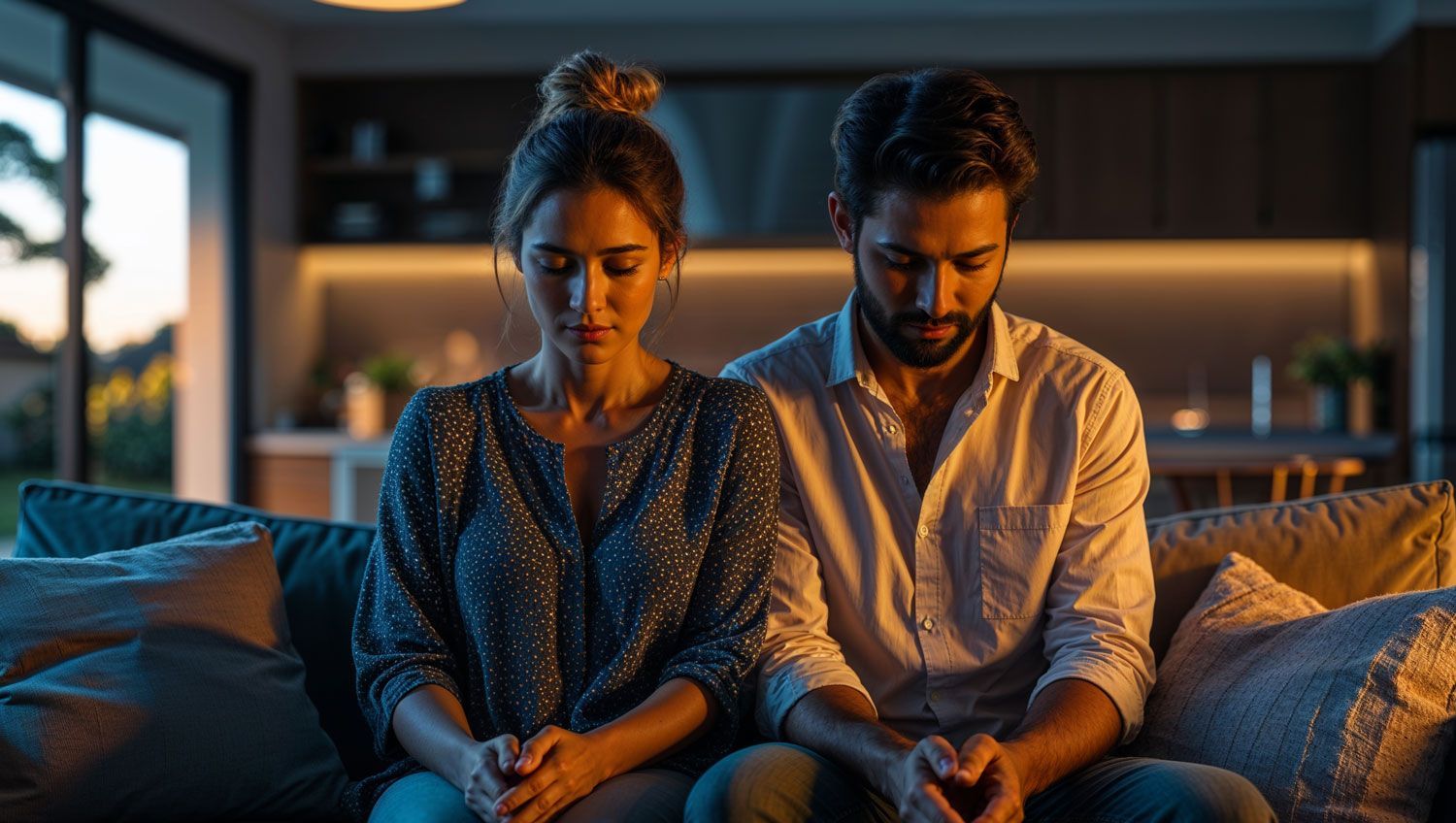 Couple sitting close together on a sofa, heads bowed, praying. Indoor setting, soft lighting.