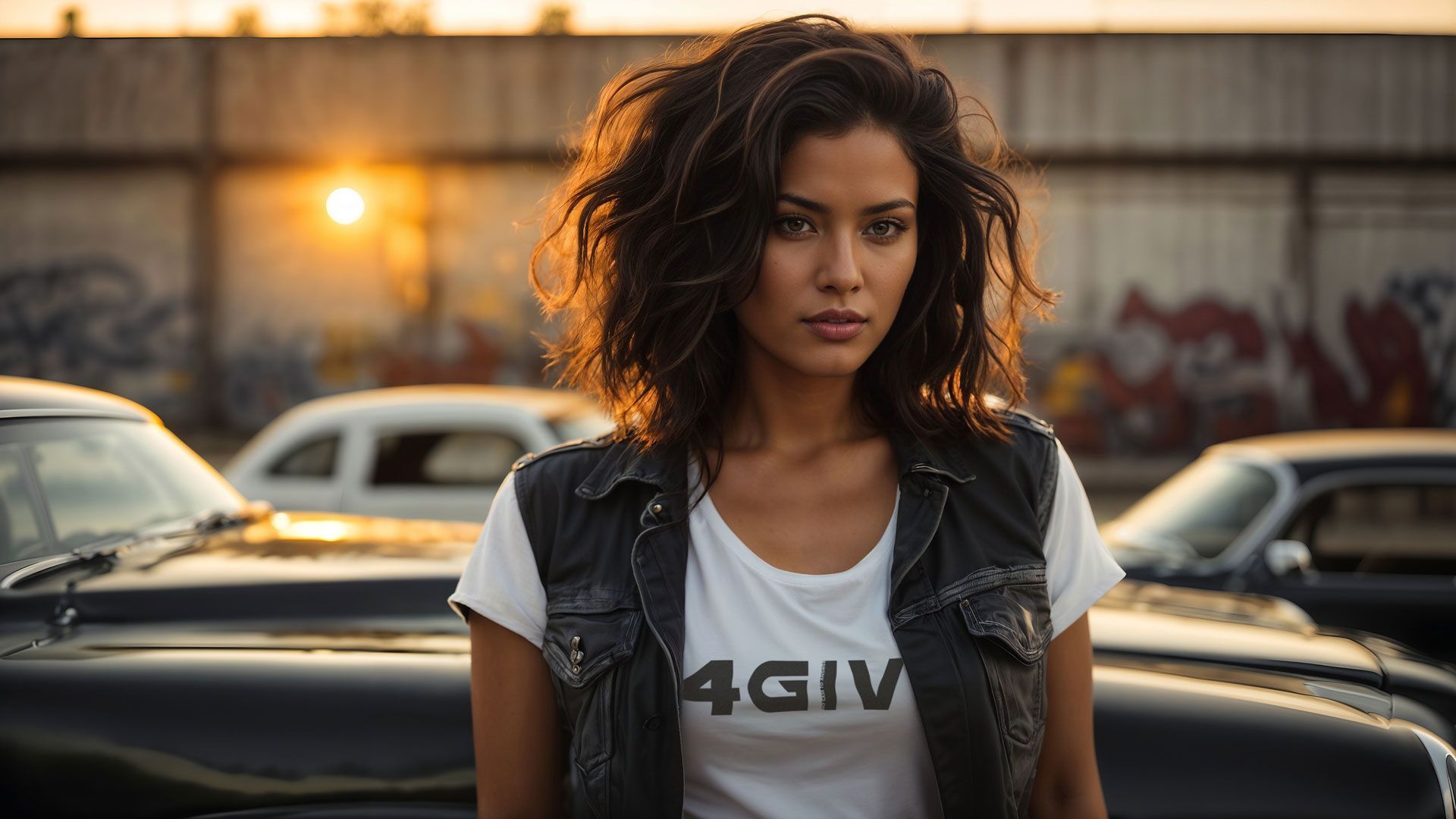 Woman in vest with messy hair, looking serious, standing near vintage cars at sunset.