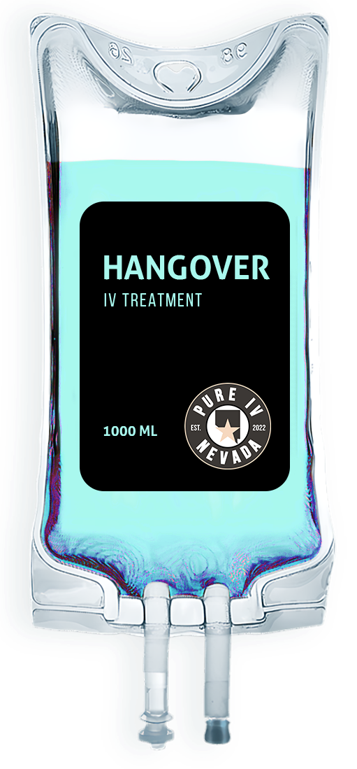 A bag of hangover iv treatment is filled with blue liquid.