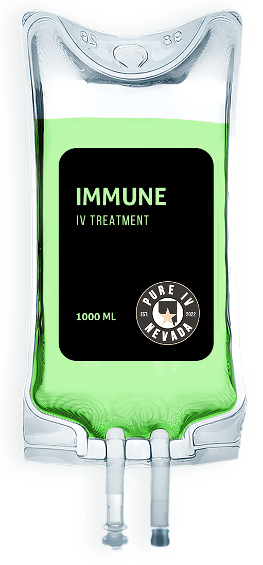 A bag of green liquid with a black label that says immune