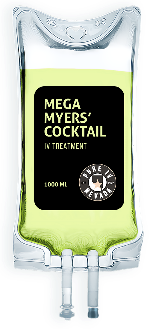 A bag of mega myers cocktail is on a white background