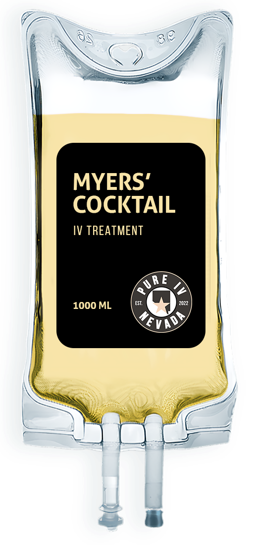 A bag of myers ' cocktail is shown on a white background.