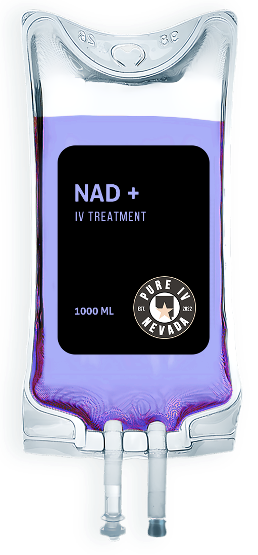 A bag of purple liquid with a black label that says nad + in brains.