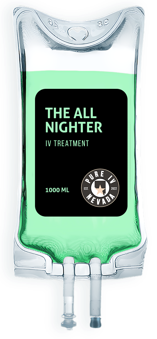 A bag of liquid with the words `` the all nighter  '' on it.