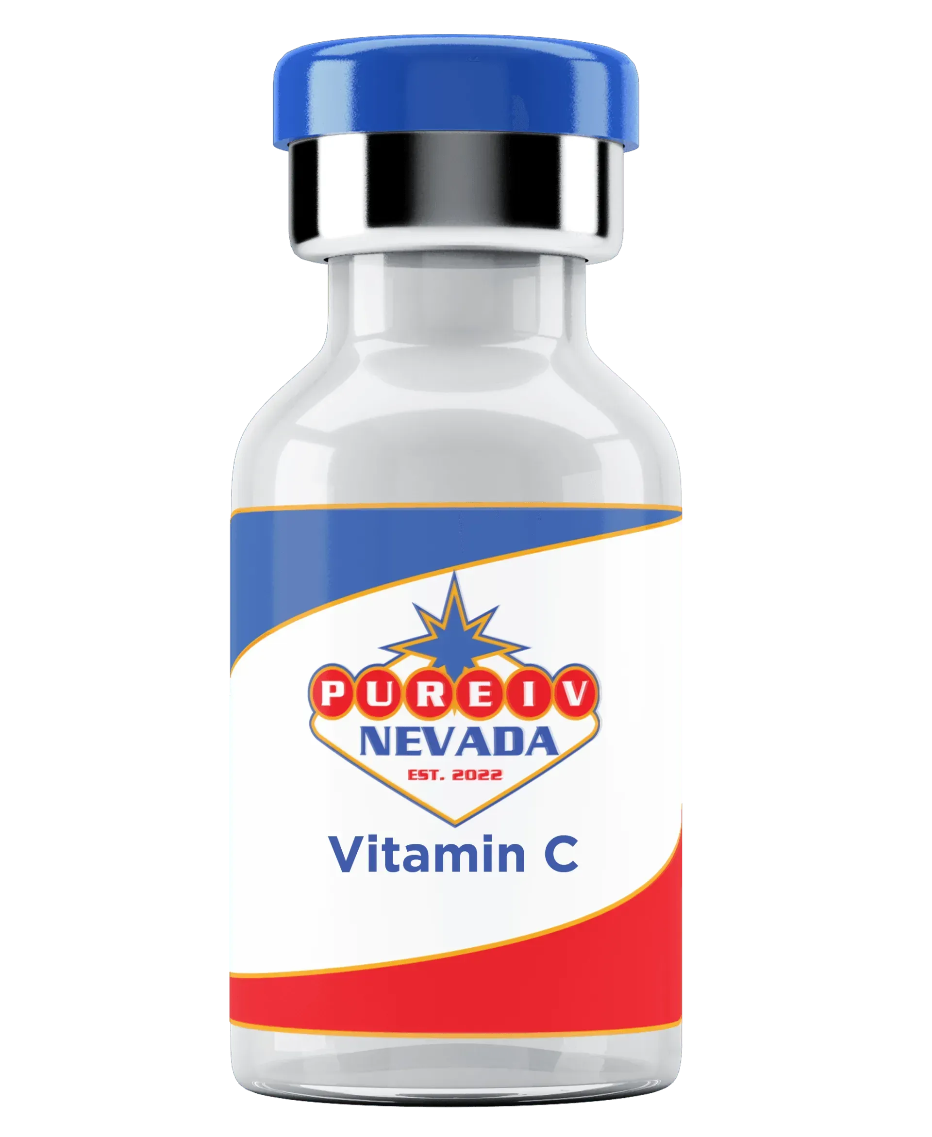 A bottle of pure nevada vitamin c on a white background.