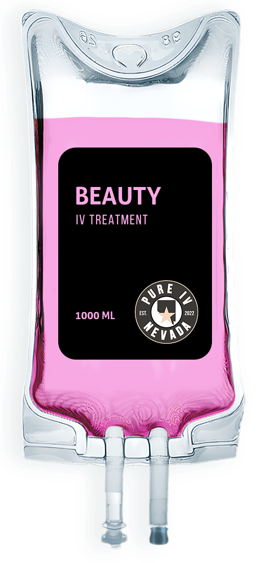 A pink bag with a black label that says beauty 