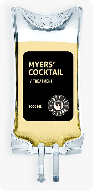 A bag of myers ' cocktail is shown on a white background.