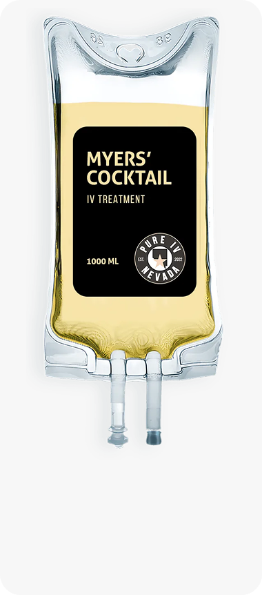 A bag of myers ' cocktail is shown on a white background.