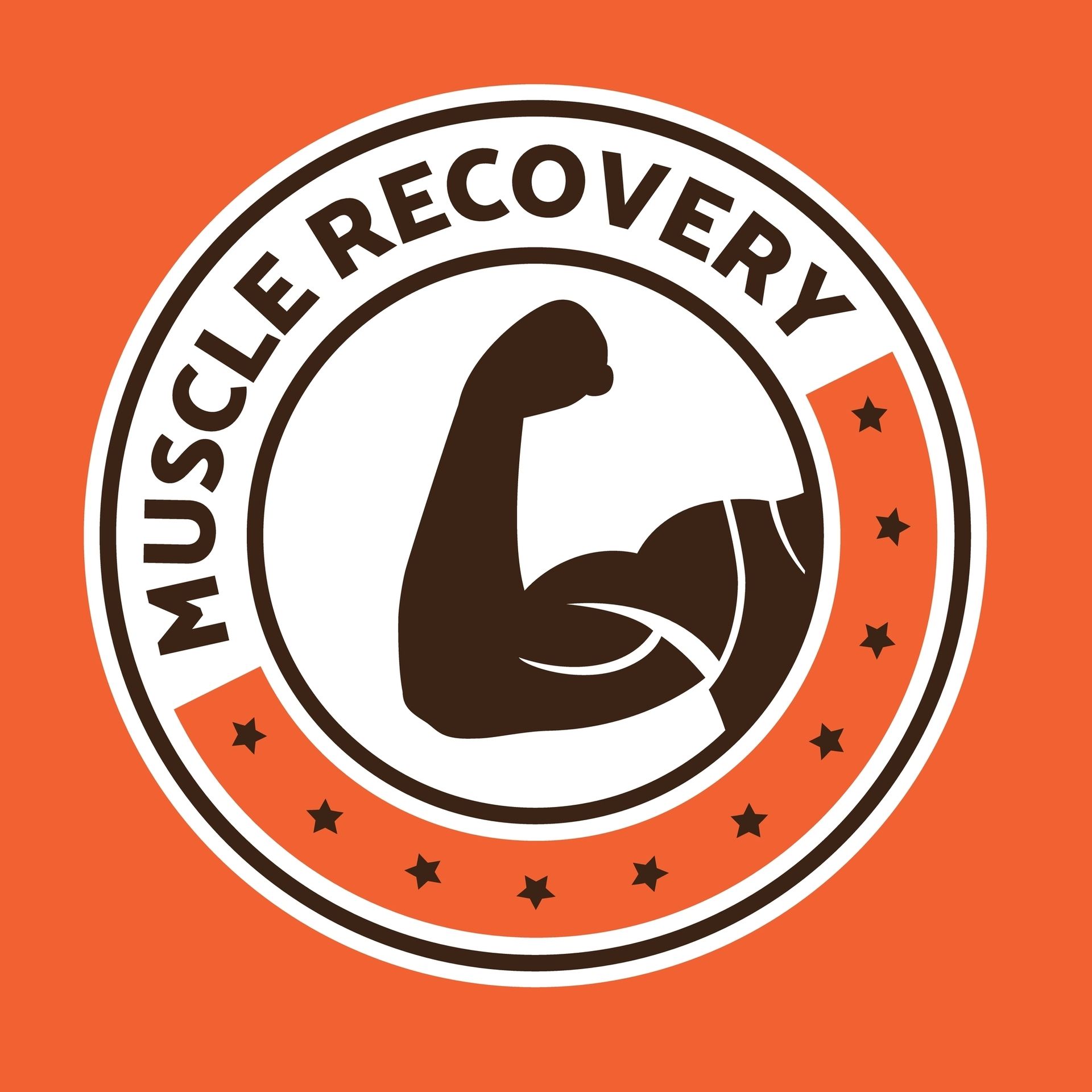 A logo for muscle recovery with a silhouette of a muscle in a circle.