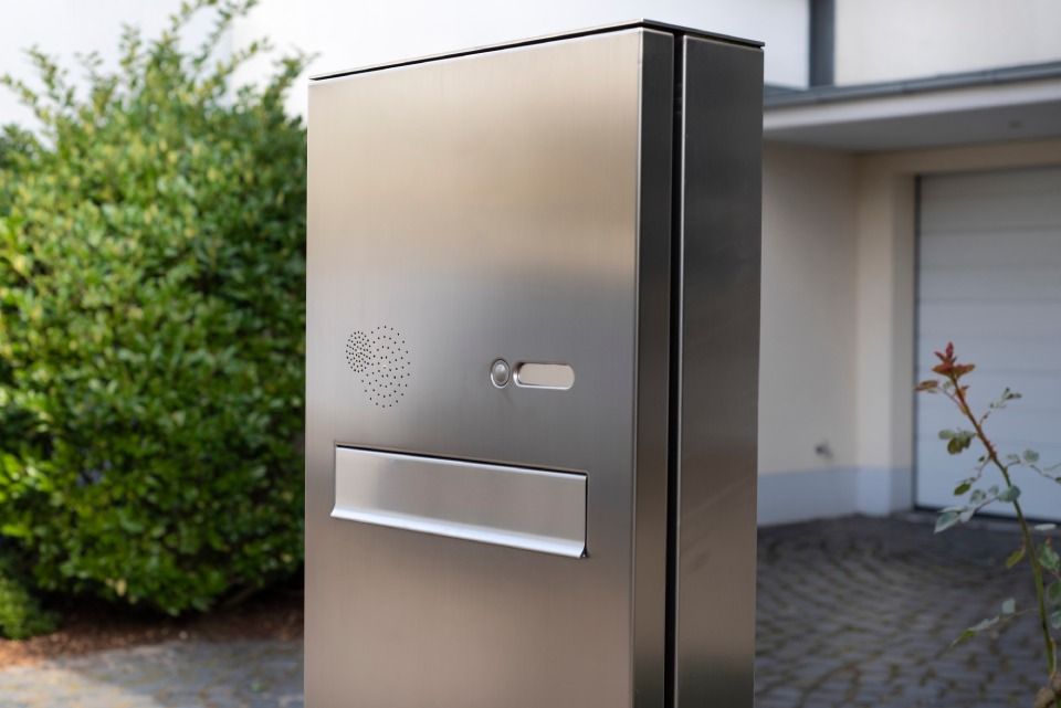 A stainless steel mailbox is sitting in front of a house.