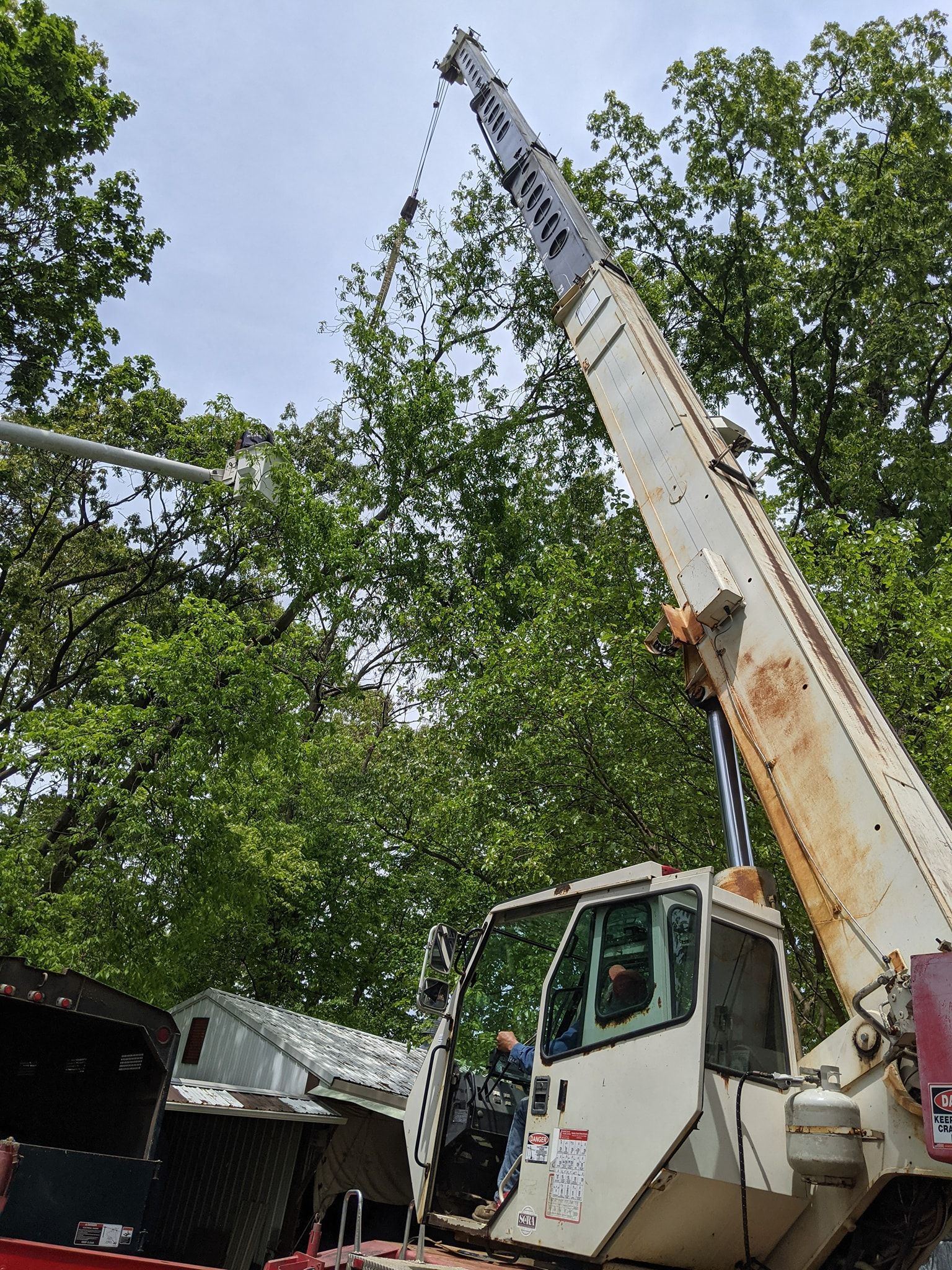 A large crane is lifting a vehicle in a forest.
