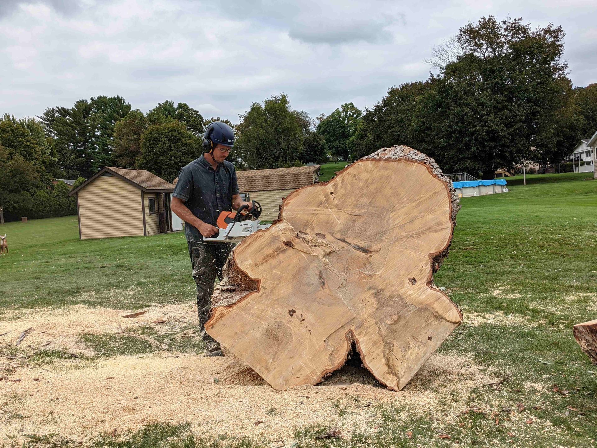 A man is cutting a large piece of wood with a chainsaw.