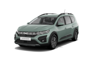 Una Dacia Logan verde è raffigurata su uno sfondo bianco.