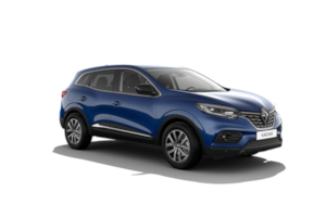 Una renault kadjar blu è raffigurata su uno sfondo bianco.