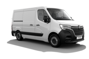 Un furgone bianco è parcheggiato su uno sfondo bianco.