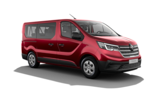 Un furgone rosso è parcheggiato su uno sfondo bianco.