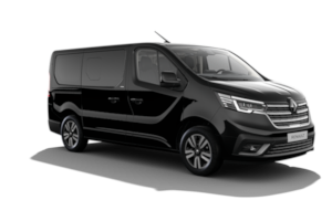 Un furgone nero è parcheggiato su uno sfondo bianco.