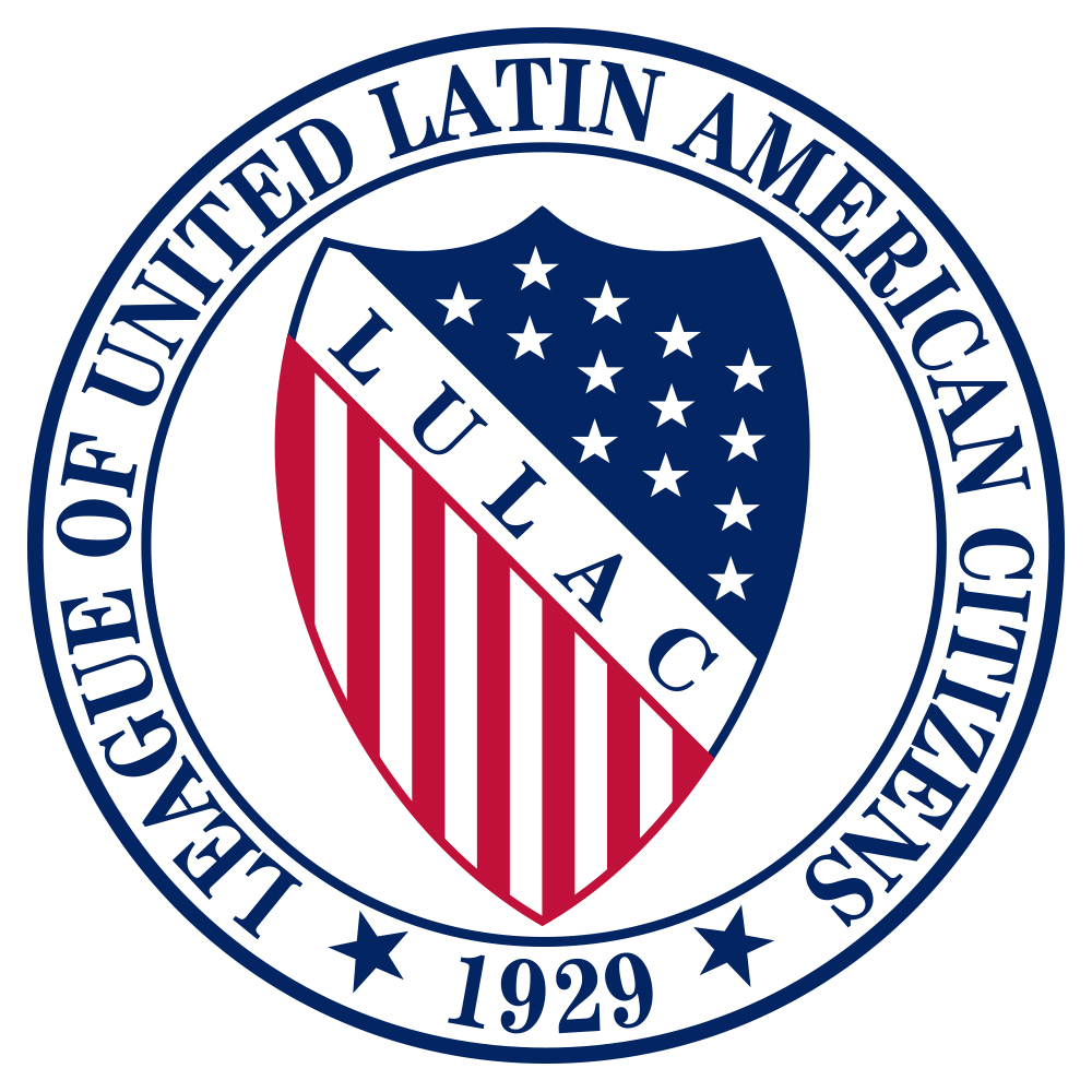 Logo of League of United Latin American Citizens (LULAC), blue and red shield with stars and stripes, 1929