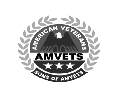 AMVETS Sons of AMVETS circular logo with eagle, laurel wreath, and stars in black, white, and gray