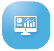 White computer monitor displaying charts and graphs, blue background.