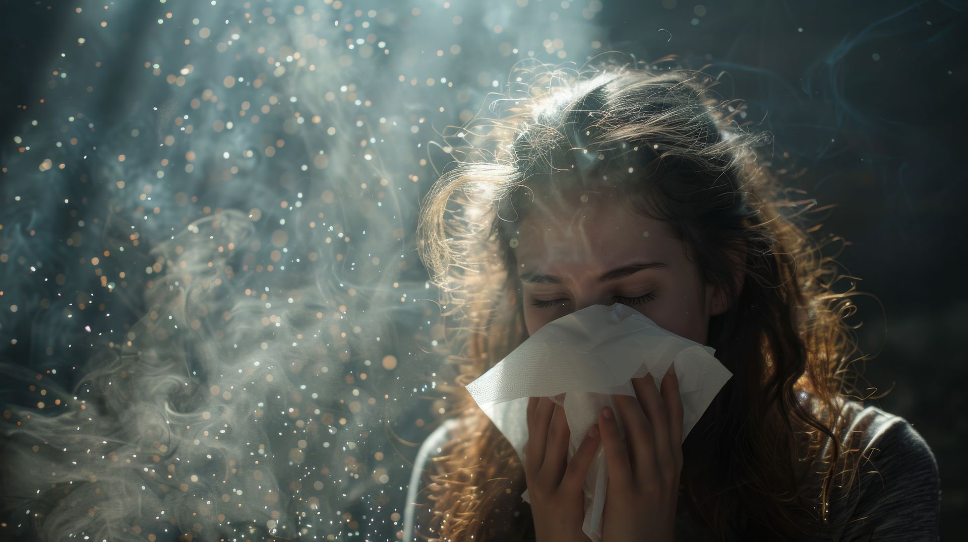 A woman is in a dusty room, with a clean tissue pressed against her face after sneezing due to seasonal allergies.