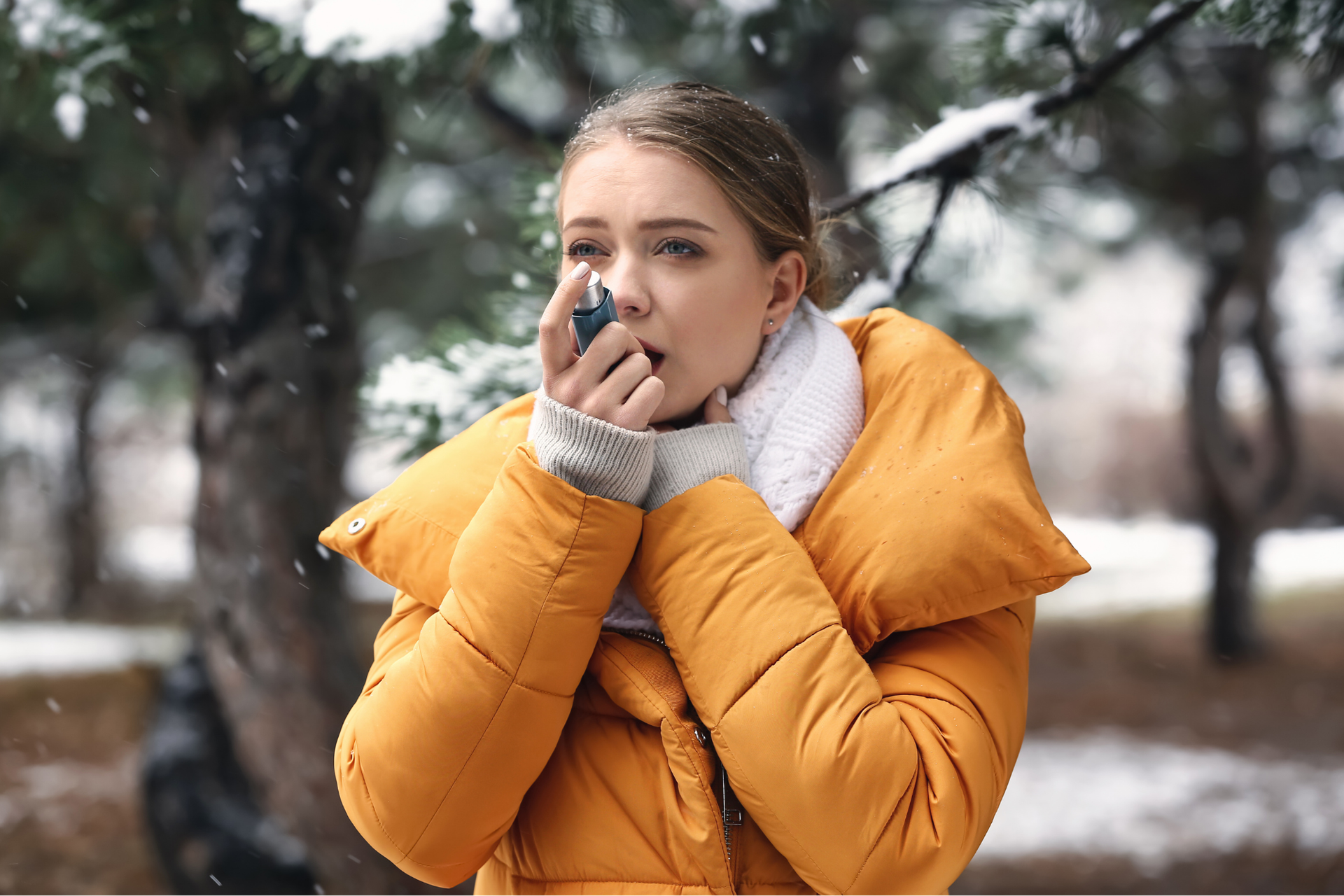 A woman standing outdoors and trying to remember how to keep her airways open during cold months