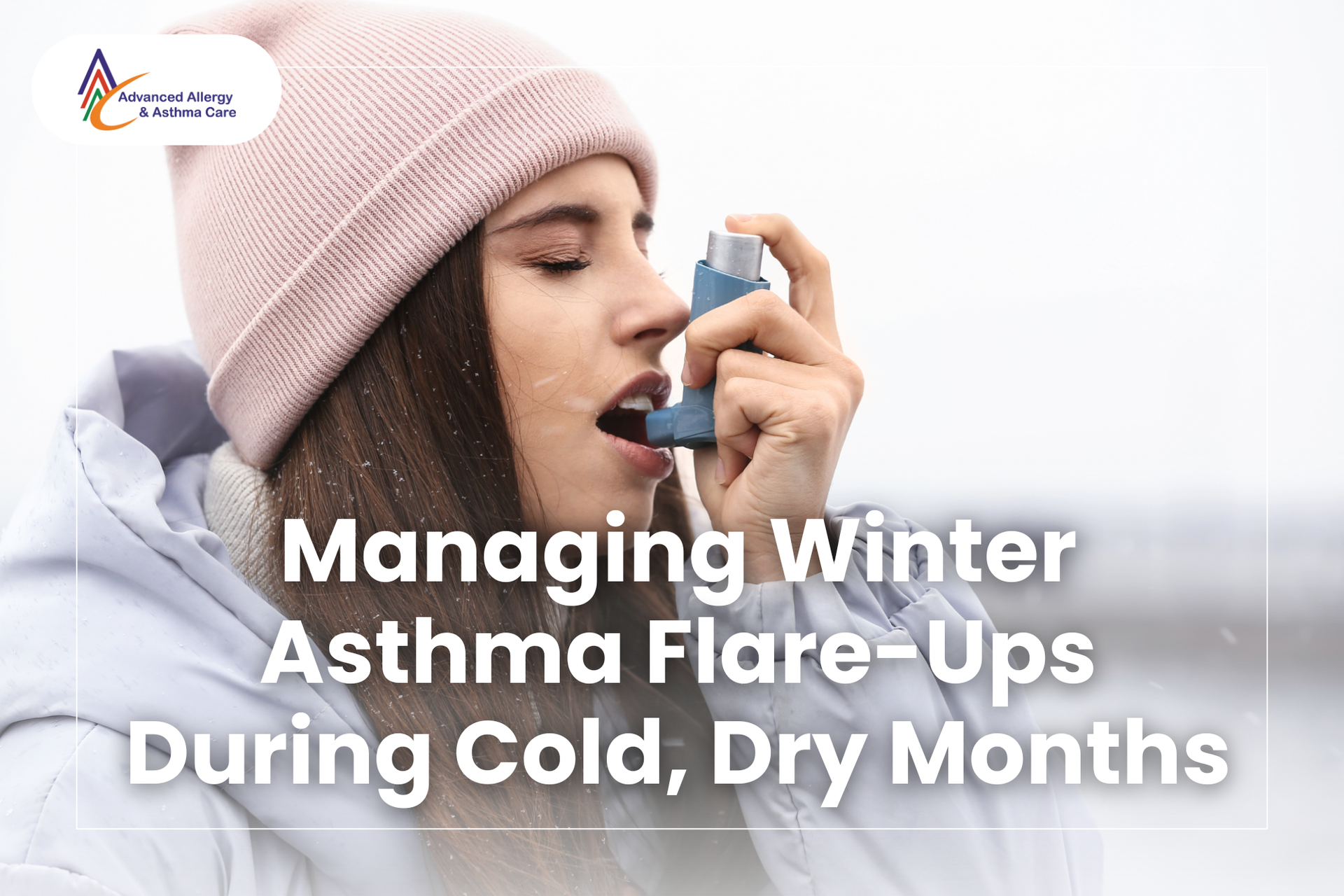 To manage her winter asthma symptoms, a woman uses her inhaler outdoors as the first snow falls.
