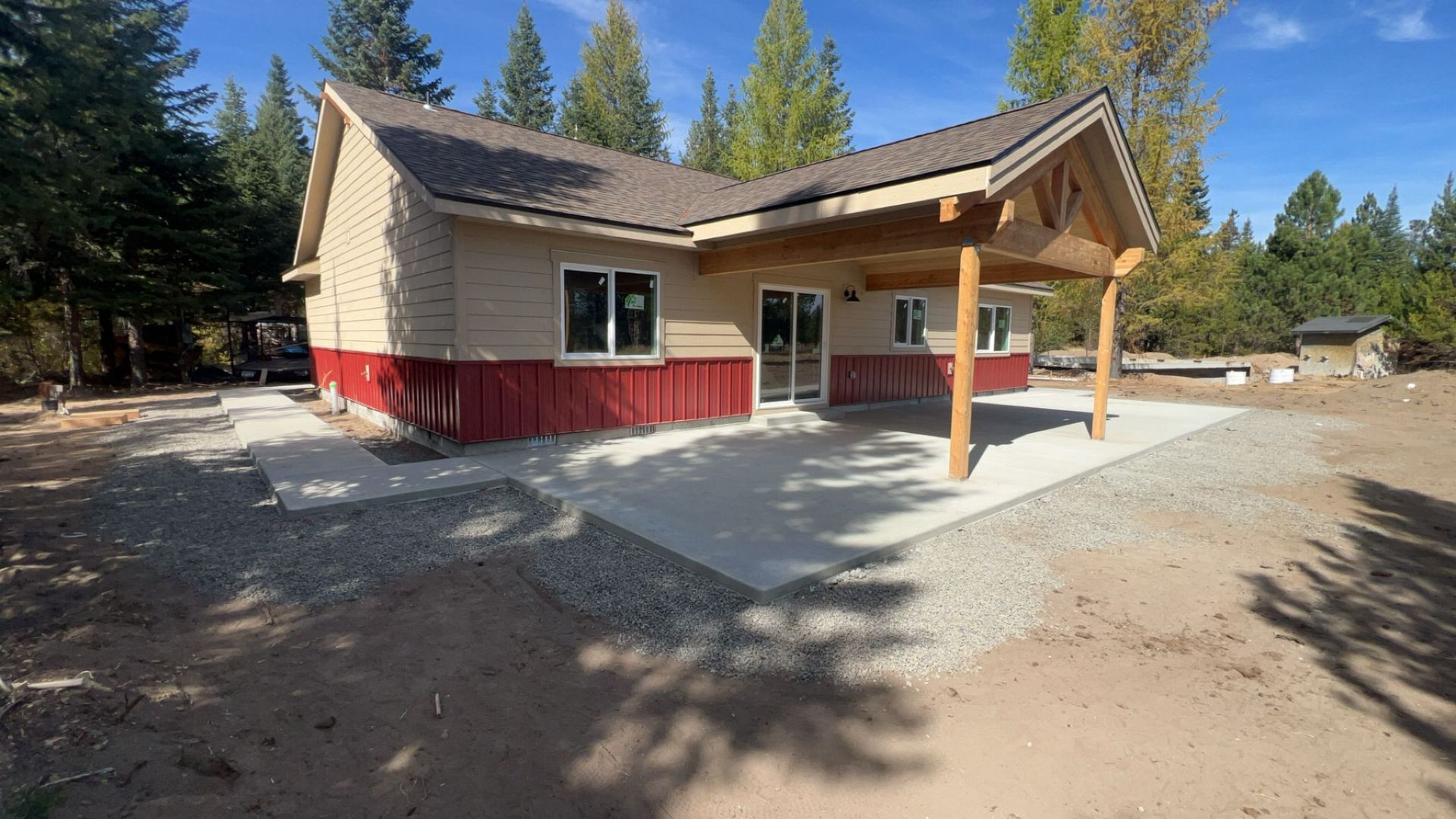 An empty room with concrete walls and a palm tree in the background