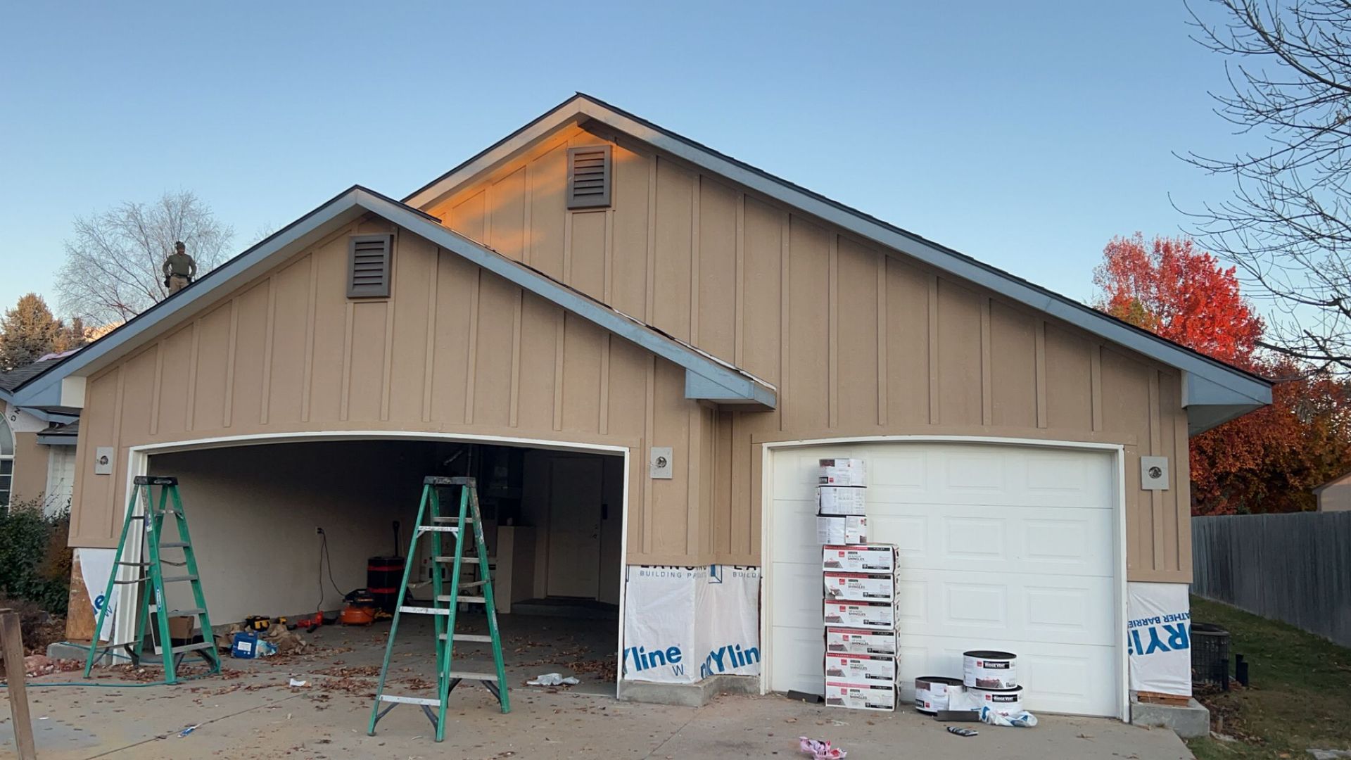 An aerial view of a wooden deck under construction.