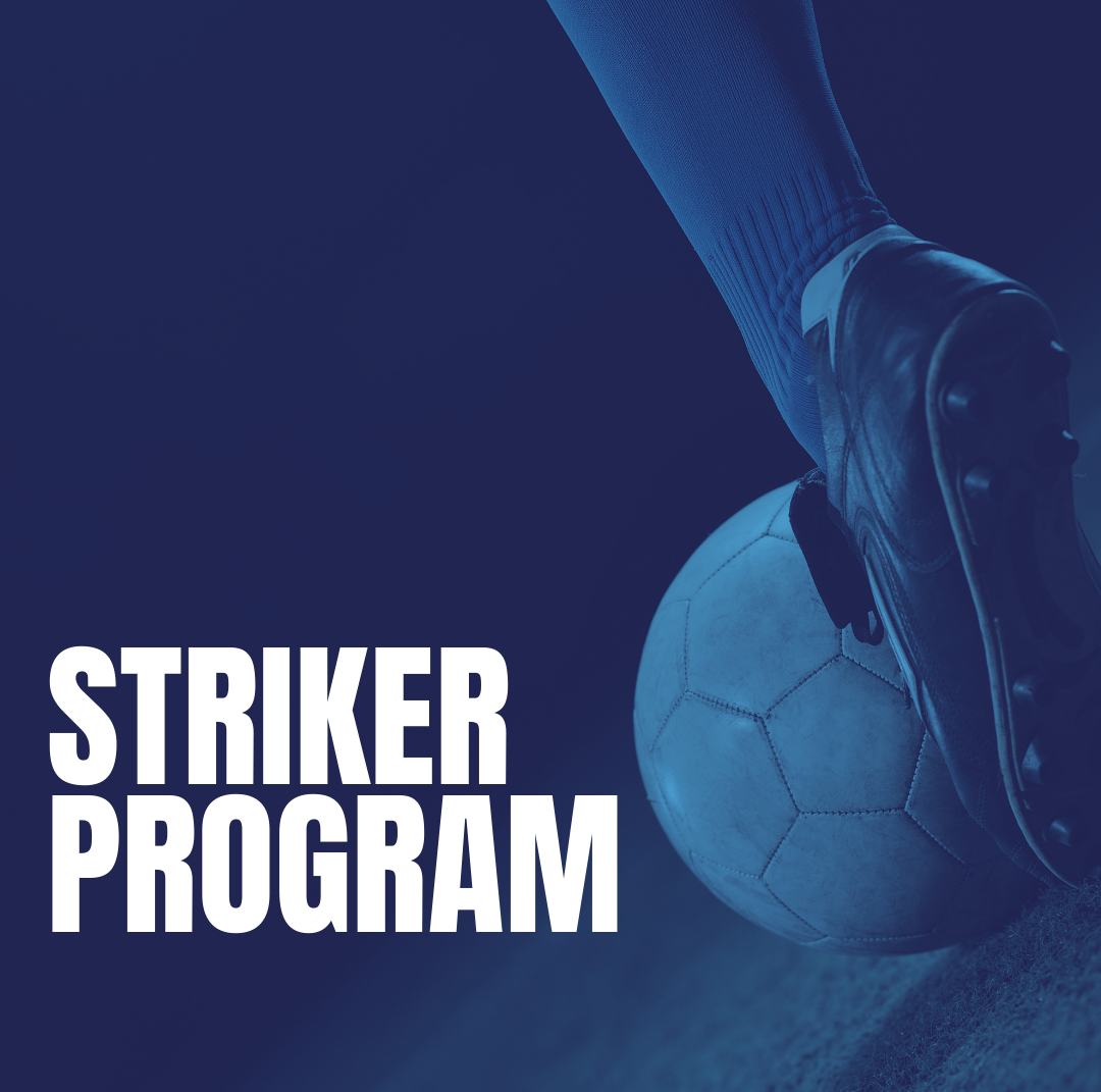 A person kicking a soccer ball with the words striker program below it