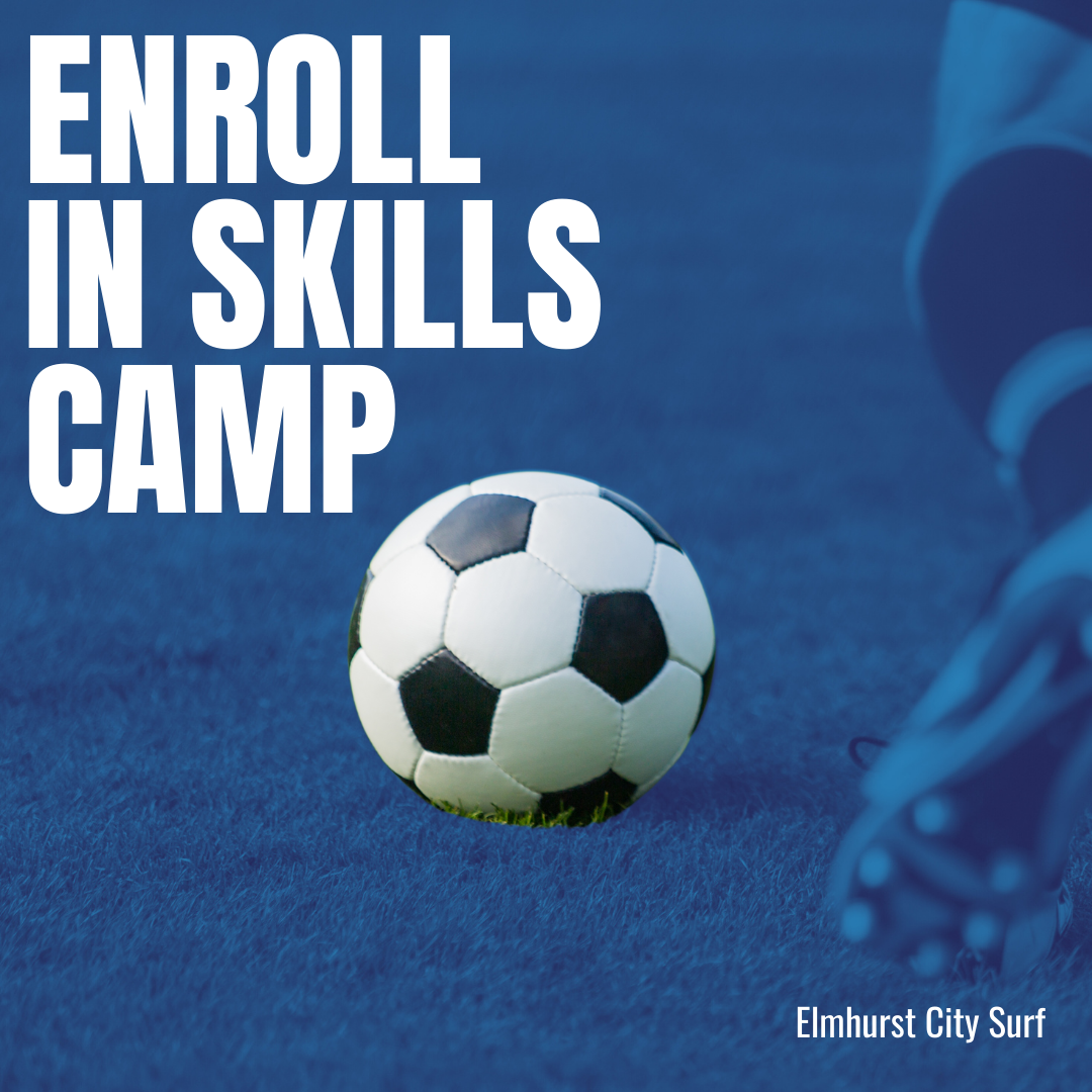 An advertisement for enroll in skills camp with a soccer ball
