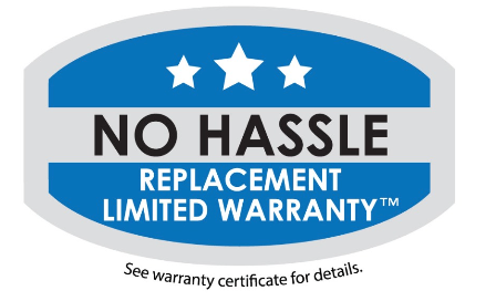 A blue and white sticker that says no hassle replacement limited warranty