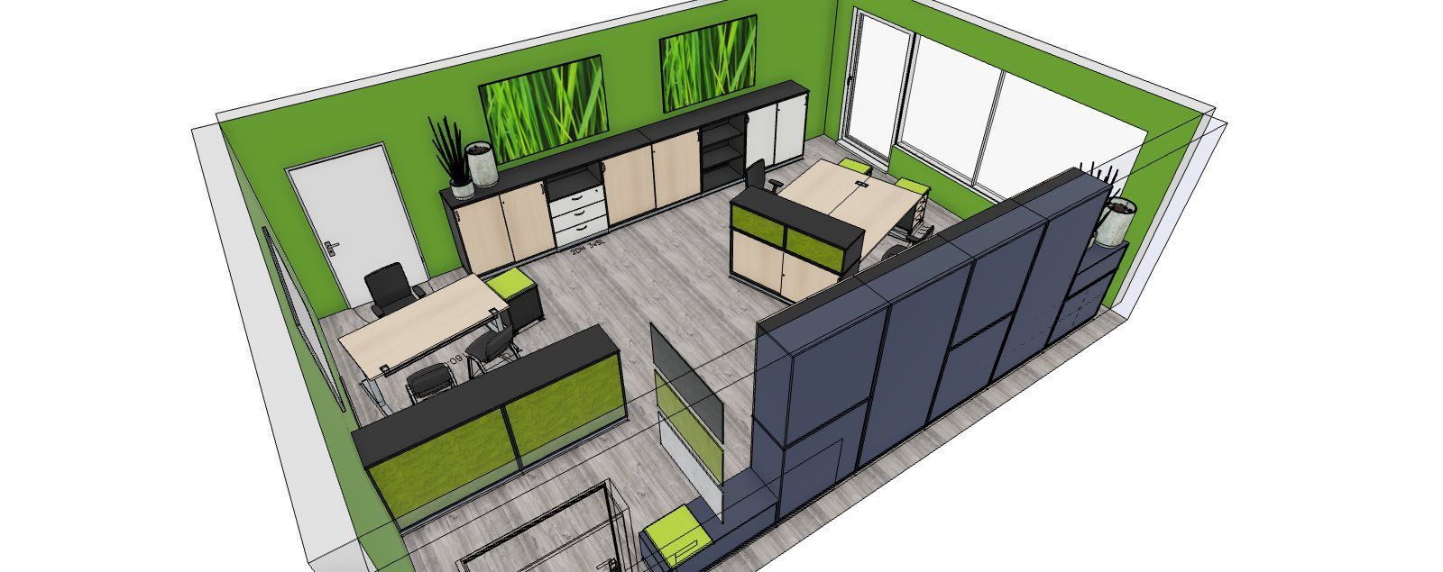 Eine 3D-Darstellung eines Büroraums mit grünen Wänden, Schreibtischen und Lagerräumen. Graue und beige Akzente sind sichtbar.