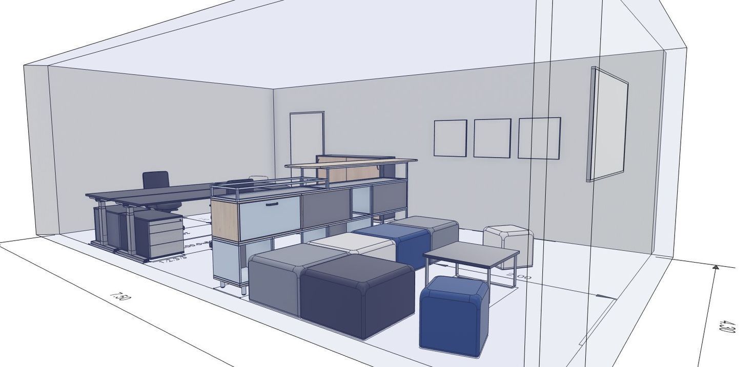 Eine Skizze eines Büroraums mit einem Schreibtisch, kabinenartigem Stauraum und einem Sitzbereich mit kleinen Tischen.