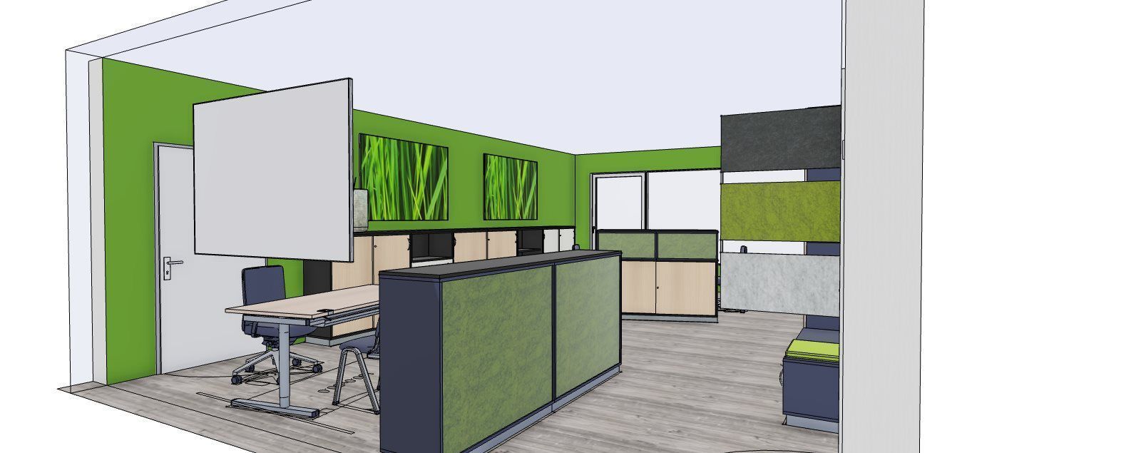 Innenbüroraum mit grünen Wänden, Kabinen und einem Konferenztisch.