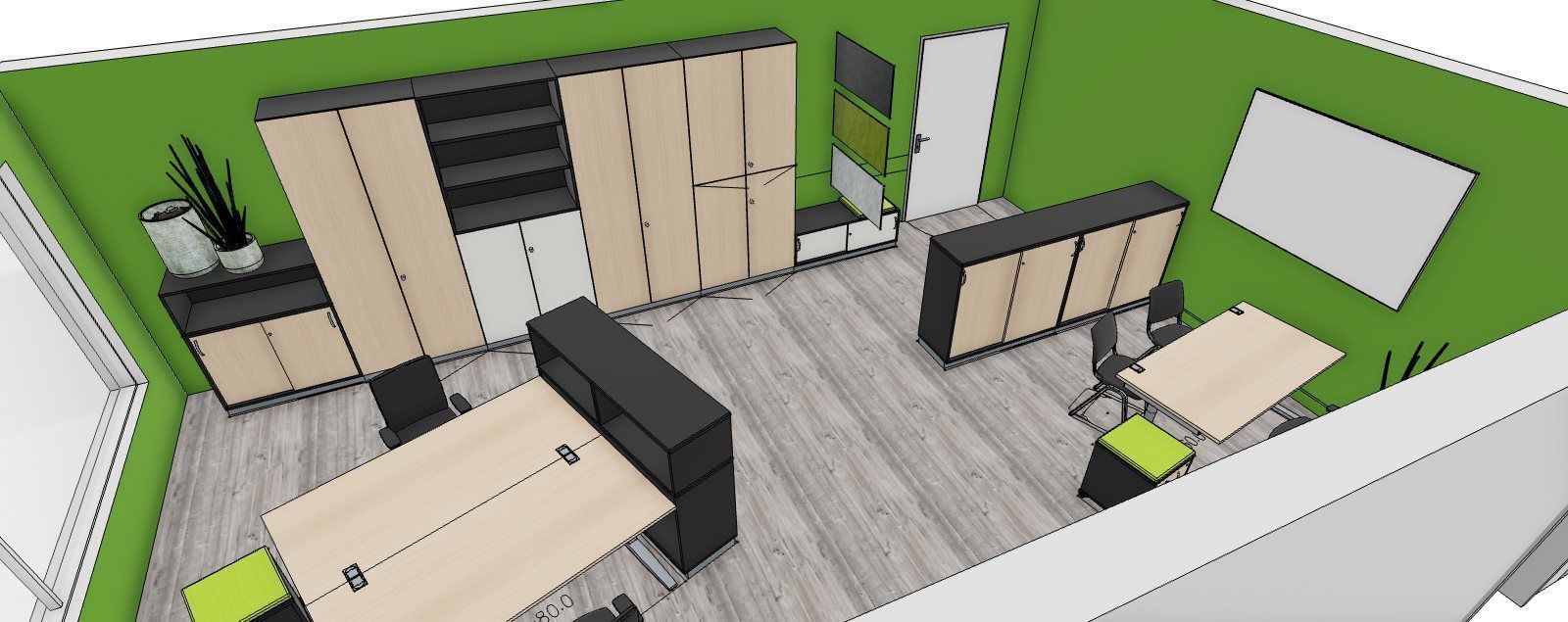 Eine Büroeinrichtung mit Schreibtischen, Stühlen, Schränken und grünen Wänden.