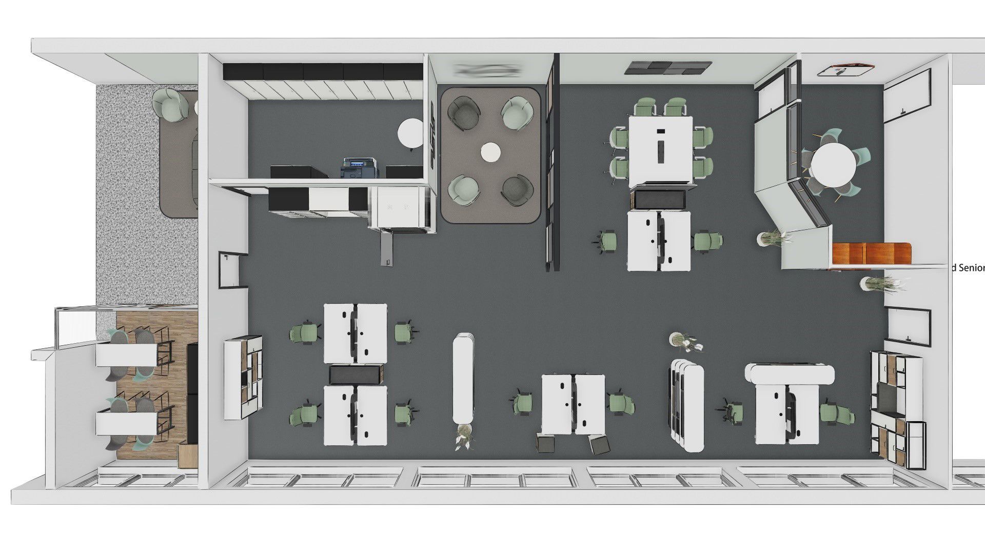 Bürogrundriss von oben; Arbeitsplätze, Konferenztische, Loungebereich, Küchenzeile, Farbschema in Grau und Weiß.