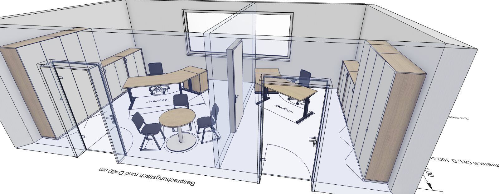 Ein Bürolayout mit Schreibtischen, Stühlen und Trennwänden in einem gut beleuchteten Raum.
